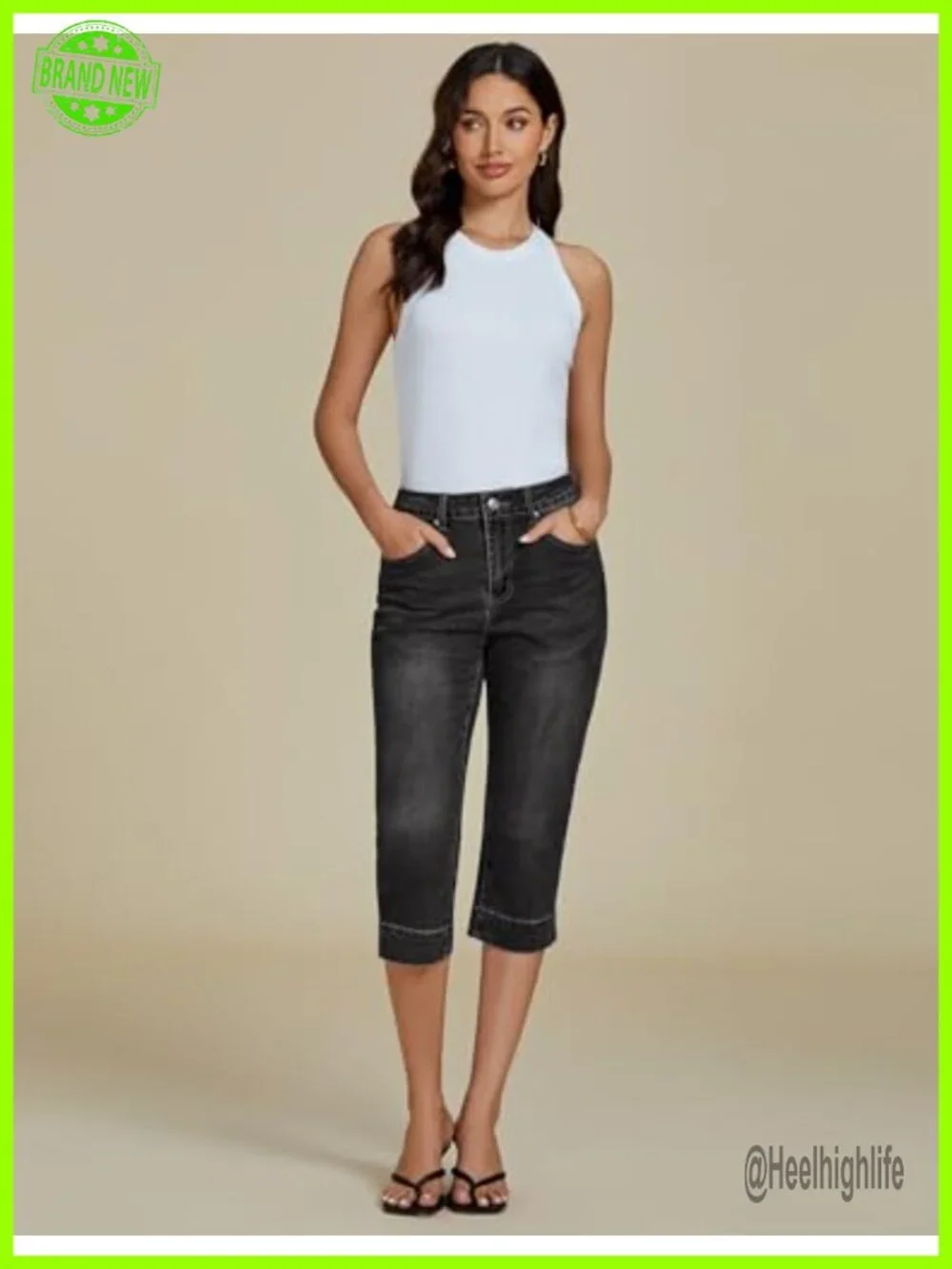 High Waisted Split Hem Cropped Capri Jeans Stretch Denim